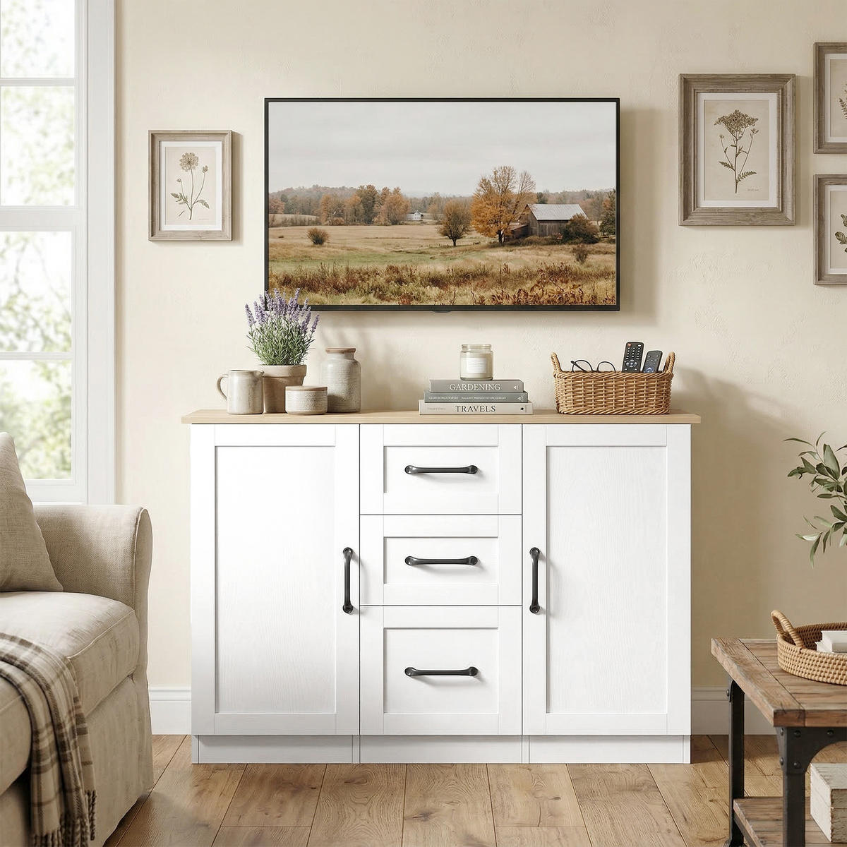 SIDEBOARD Weiß und Naturfarben, 2 Türen, 3 Schubladen, 110/35/80,4 cm - Weiß, Holz (110/80.4/35cm) - PANGIVO