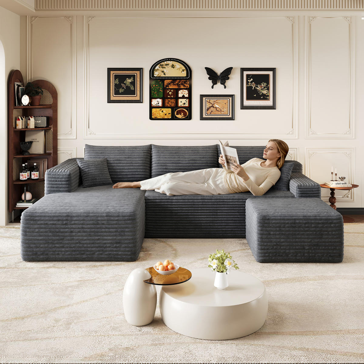 WOHNLANDSCHAFT Cord Dunkelgrau ohne Montage - Grau, Textil (241/58/151cm) - WISHDOR