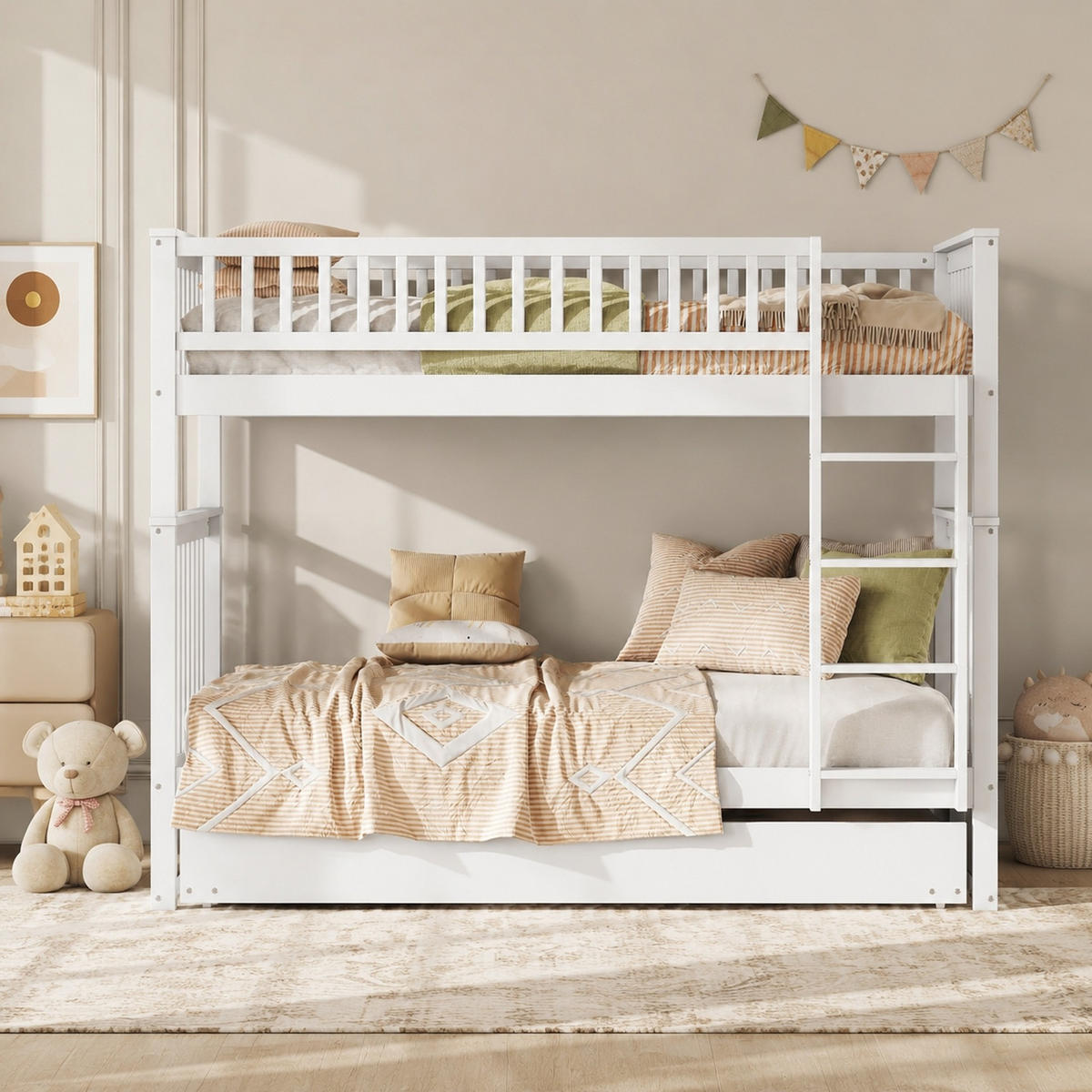 ETAGENBETT 90/200 mit Ausziehbett, abnehmbarem Unterbett und hohem Geländer in Weiß - Weiß, Holzwerkstoff (90/200cm) - EVRYAE