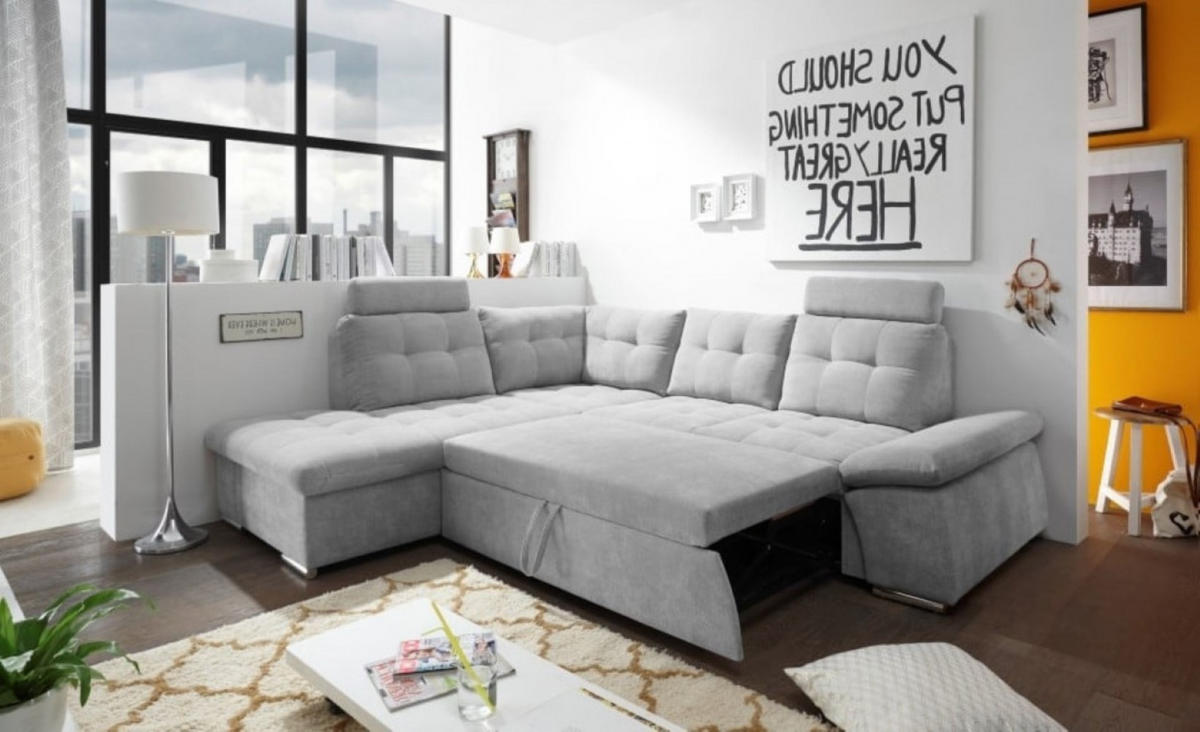 ECKSOFA mit Schlaffunktion, Bettkasten und verstellbarer Armlehne - Chromfarben/Silberfarben, Textil (260/219cm) - ed exciting design