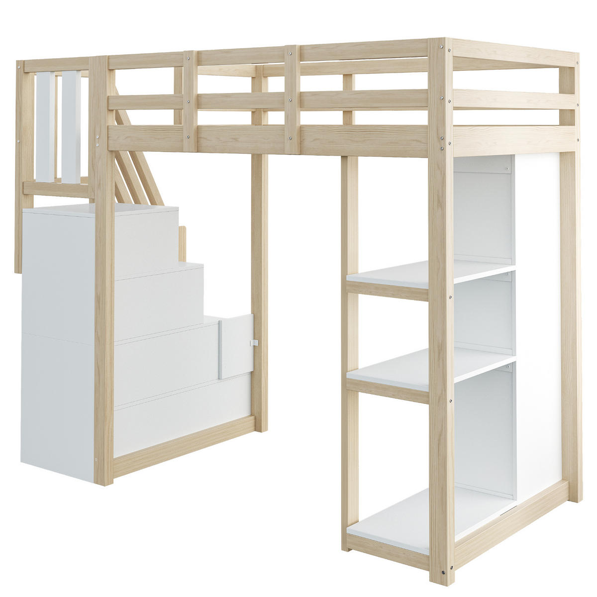 HOCHBETT 90/200 cm in Naturholz mit 4 Schubladen, Regal und Sicherheitsleiter - Weiß/Naturfarben, Holz/Holzwerkstoff (90/200cm) - WISHDOR