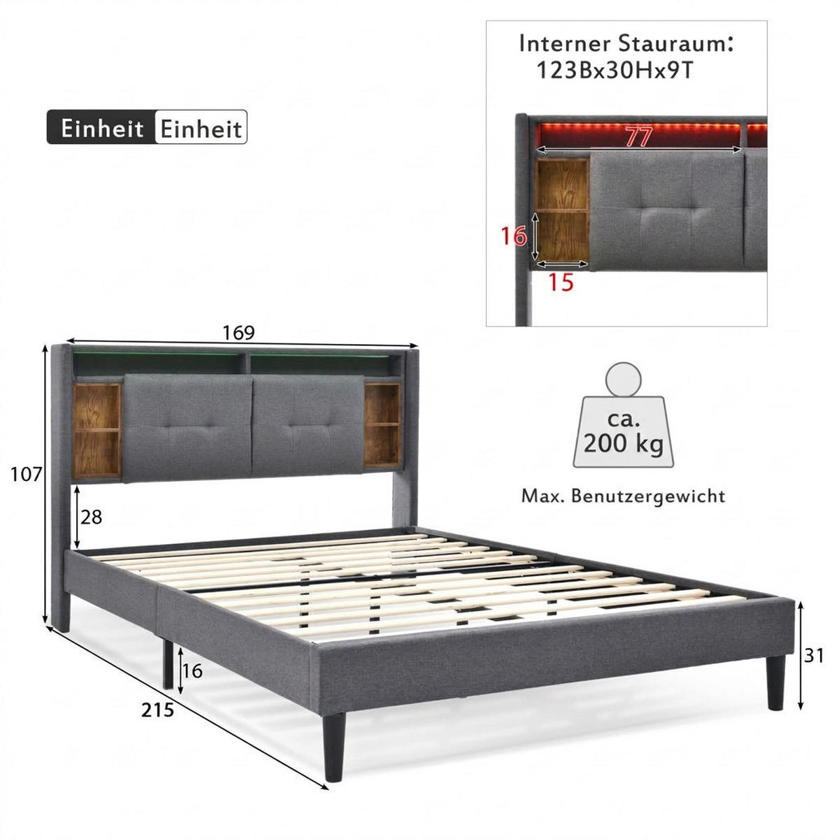 POLSTERBETT 160/200 cm Grau mit Stauraum-Kopfteil, LED-Beleuchtung und USB Type-C Ladefunktion - Grau, Holz (160/200cm) - Oxeza