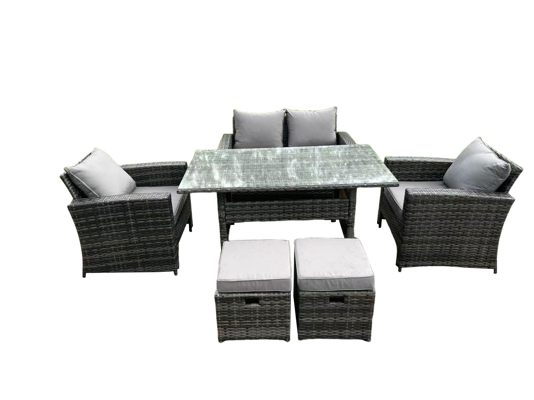 GARTENMÖBELGARNITUR Polyrattan Dunkelgrau 6-Sitzer - Dunkelgrau/Grau, Glas/Kunststoff - Fimous