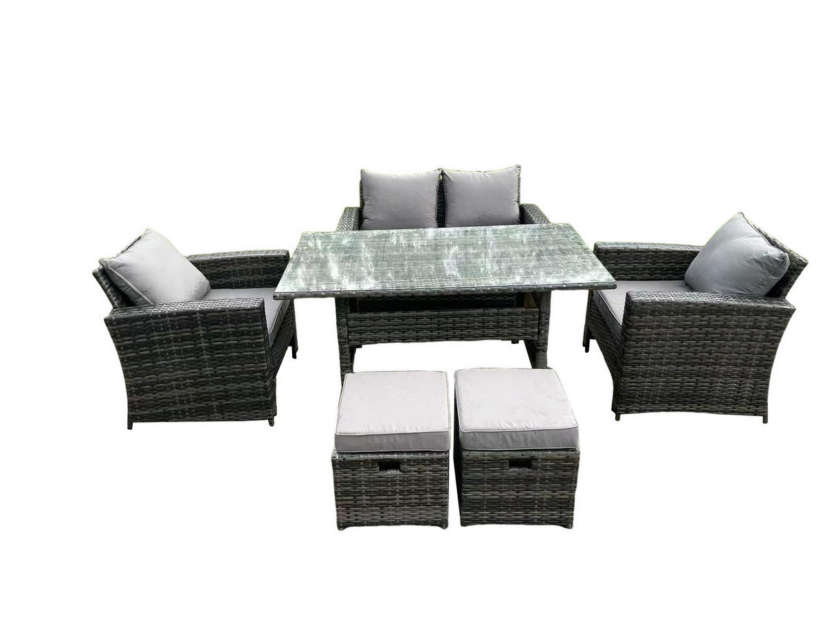 GARTENMÖBELGARNITUR Polyrattan Dunkelgrau 6-Sitzer - Dunkelgrau/Grau, Glas/Kunststoff - Fimous