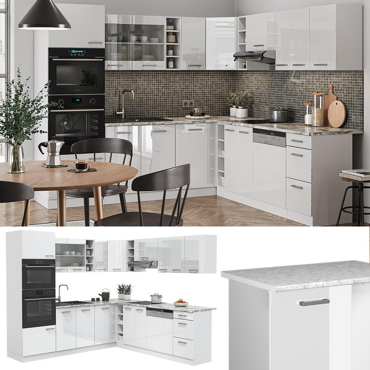 ECKKÜCHE R-Line Weiß Hochglanz/Weiß 237 x 60 cm ohne AP - Weiß Hochglanz/Weiß, Holzwerkstoff (247/81.6/46cm) - Vicco