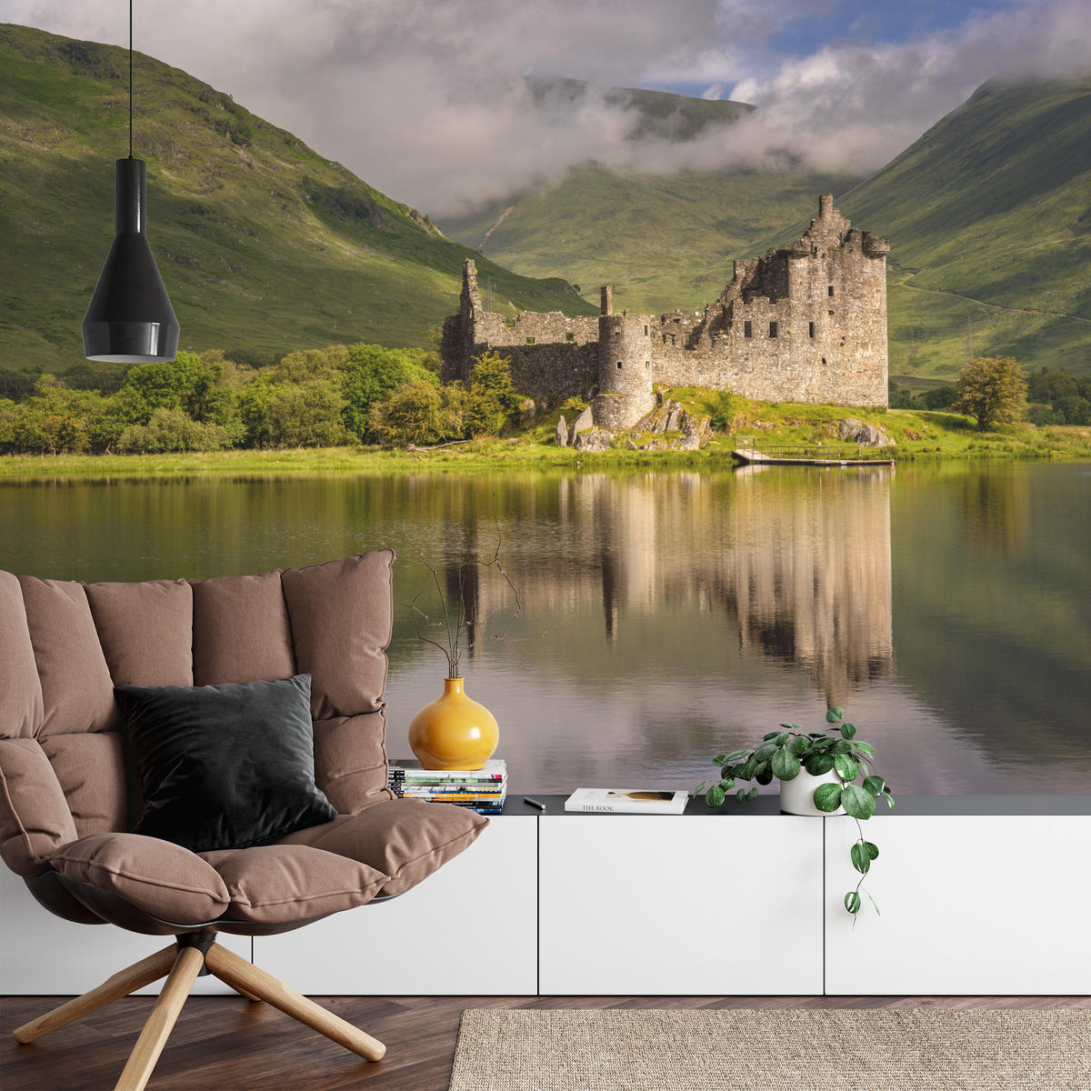 FOTOTAPETE Burgruine Kilchurn See Landschaft 3D 150x105 - Gelb/Beige, Papier (150/105cm) - Muralo