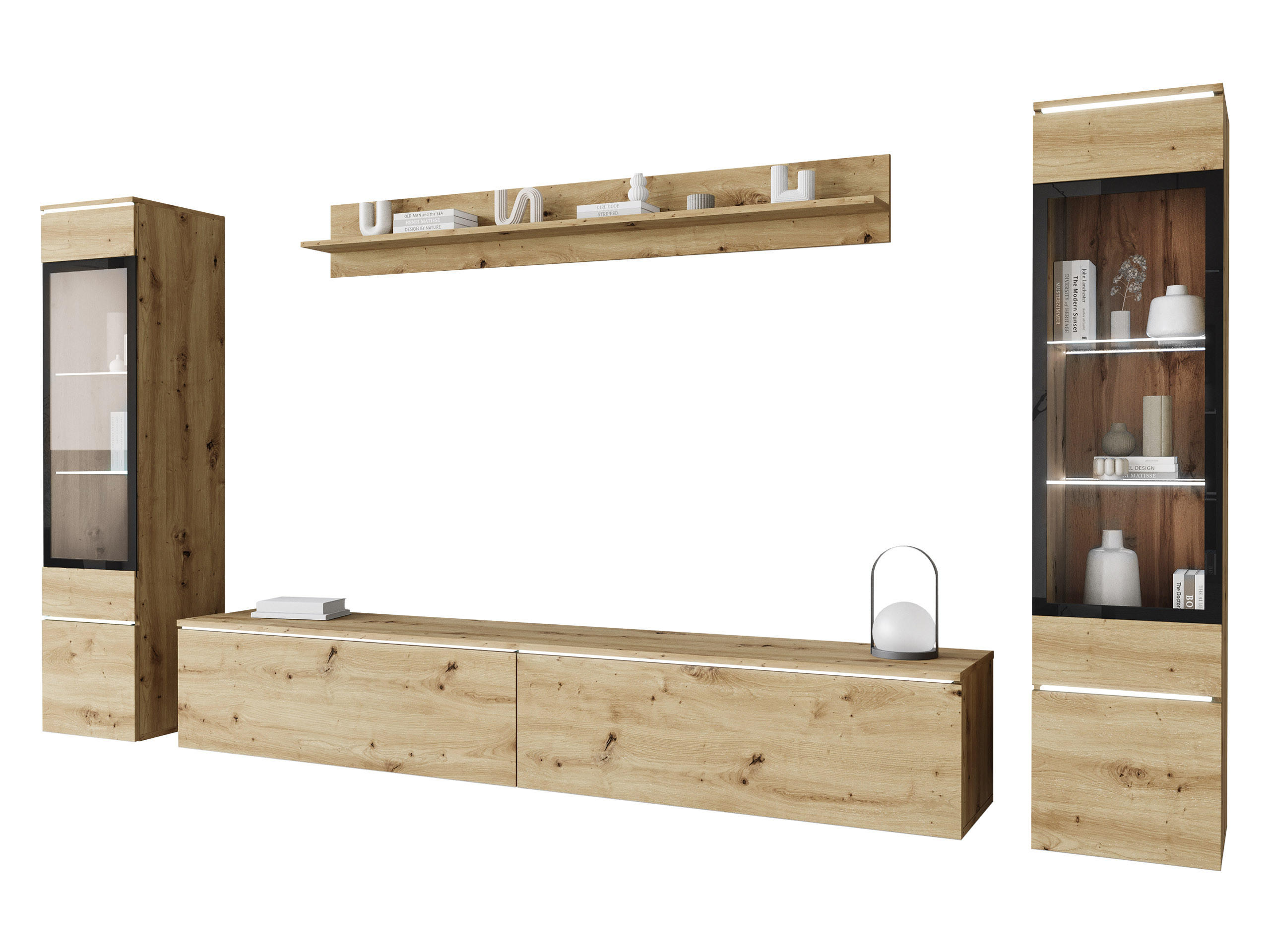 WOHNWAND Vera II mit weißer LED Beleuchtung - Eiche Artisan, Holzwerkstoff (30/130/33cm) - MIRJAN24