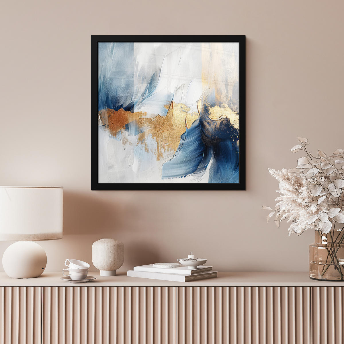 POSTER MIT RAHMEN Gold - Blau - Aquarell - Kunst - Modern 40x40 cm - Hellblau, Papier (40/40cm) - MuchoWow