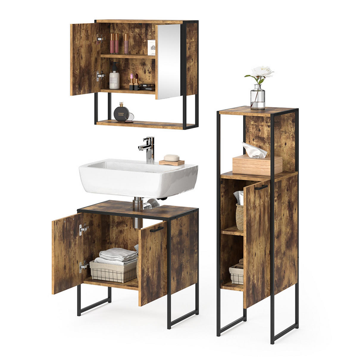 BADMÖBEL-SET Fyrk Antikholz 3 Teile - Alteiche/Schwarz, Holzwerkstoff (60/60/33cm) - Vicco