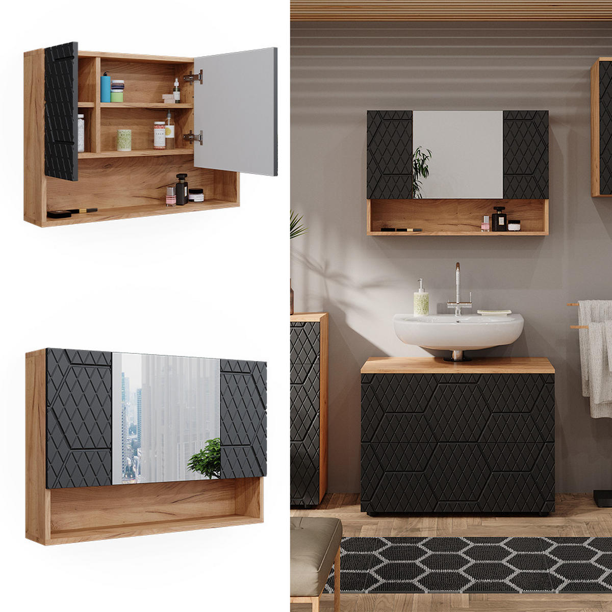 BADSPIEGELSCHRANK Irma Goldkraft Eiche 80.1 x 55 cm - Anthrazit/Eiche Wotan, Holzwerkstoff (80.1/55/17cm) - Vicco