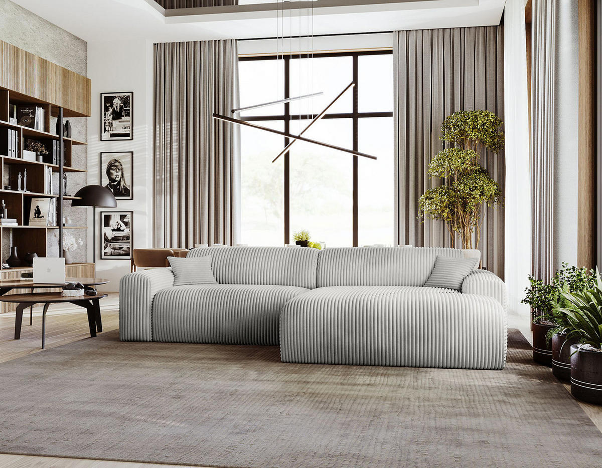 ECKSOFA mit Longchair - Cord - Silberfarben/Schwarz, Kunststoff/Textil (284/178cm) - home24