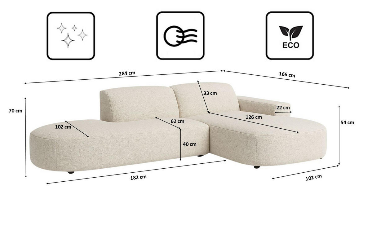 ECKSOFA Cursal Atelier, Stoff Artico, Nata, Rechts - Beige, Holz (284/166cm) - Kaiser Möbel