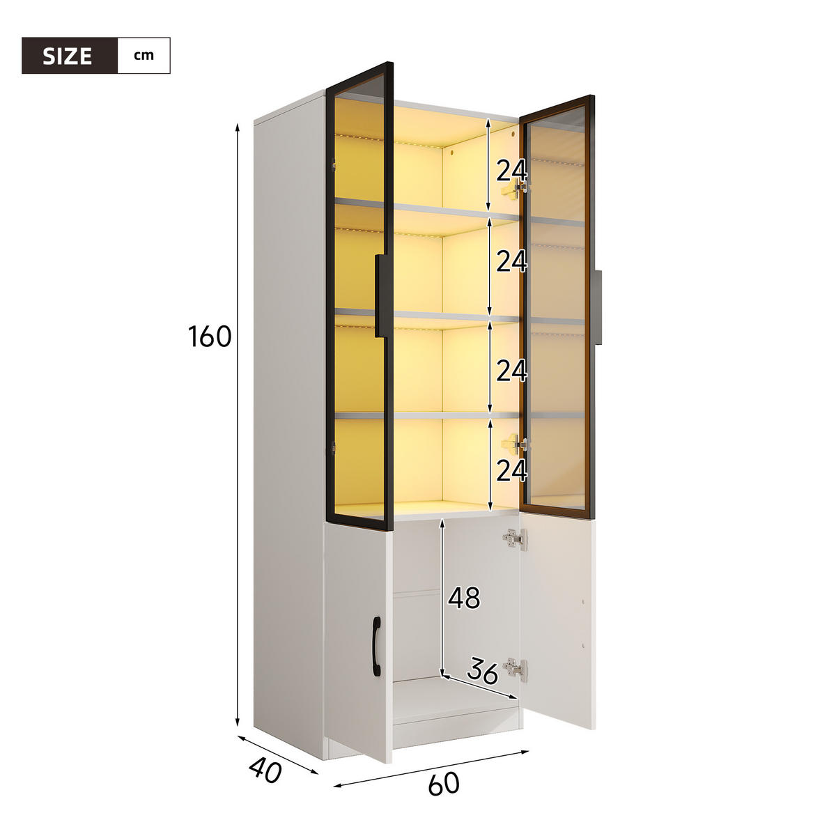 VITRINE LED Rauchglas Aluminiumrahmen 160cm 2 Türen Bücherregal - Weiß, Glas (60/160/40cm) - FLIEKS