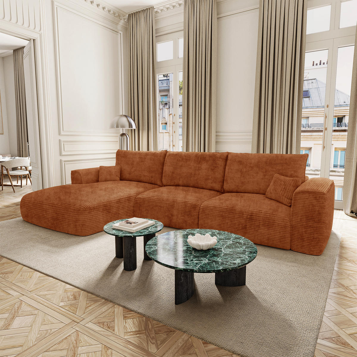 LINKSECK-SCHLAFSOFA mit Stauraum COMO Cord Terrakotta 297cm - Dunkelorange/Terracotta, Textil (297/167cm) - Premium Interiors