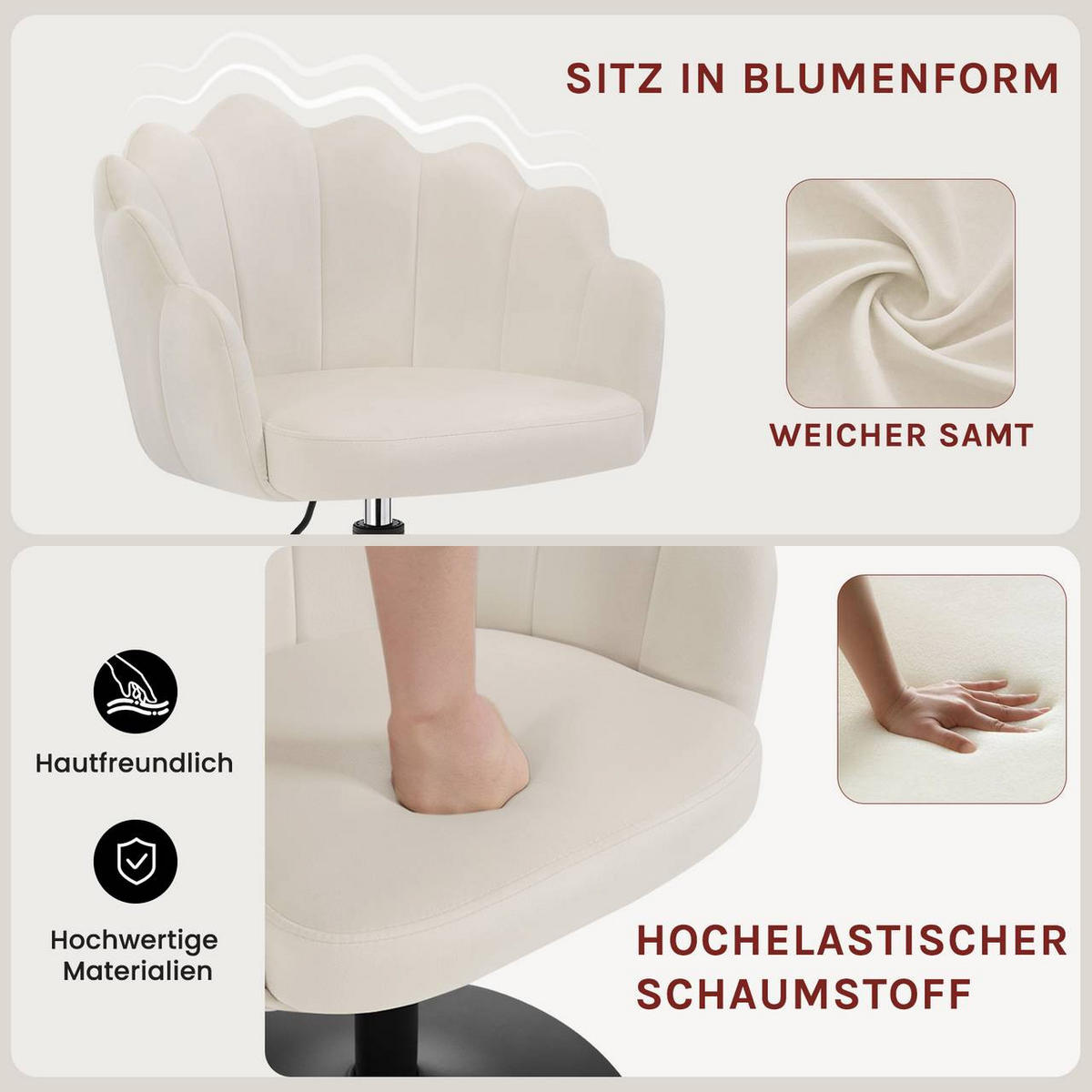 DREHSTUHL, Blumenform, Smt, Schminkstuhl, Creme - Creme/Schwarz, Textil/Metall (55/67/50cm) - Woltu