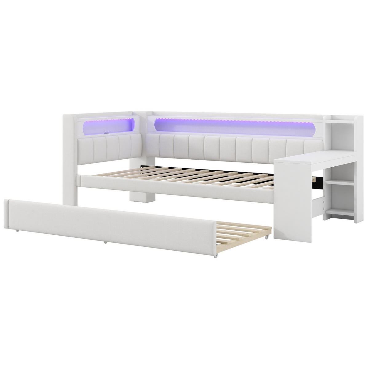 POLSTERBETT aus MDF, Sperrholz und Leinen 90x200 cm Weiß mit LED-Beleuchtung, USB-Anschluss, Ausziehbett und Schreibtisch - Weiß, Holzwerkstoff (90/200cm) - Modfu