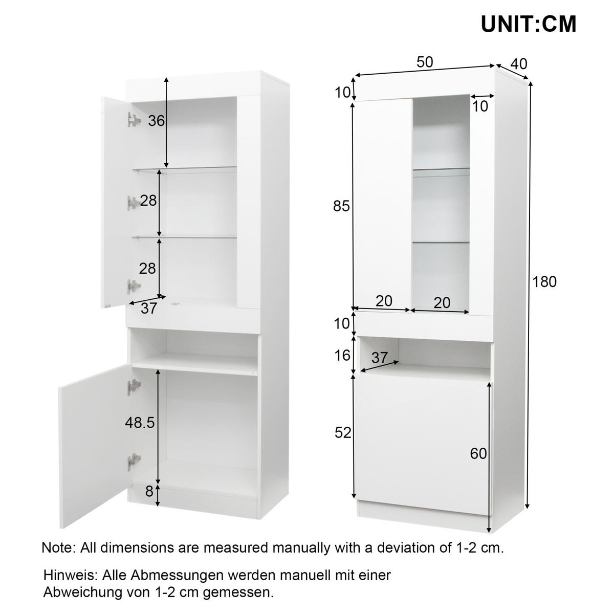 VITRINE, Weiß Hochglanzfront mit 16-Farben USB-LED, 2 Glasböden, 50/40/180 cm, Weiß - Weiß, Holzwerkstoff (40/180/50cm) - Modfu