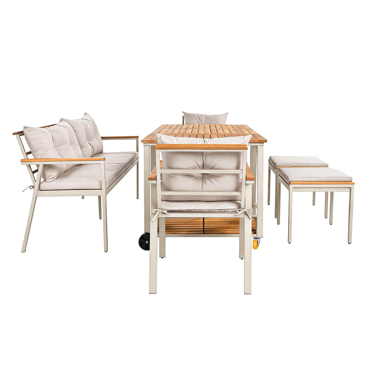 GARTEN-ESSGRUPPE 171/35/81 cm eige/Natur aus Akazienholz mit Servierwagen für 6-7 Personen - Beige, Metall - OKWISH