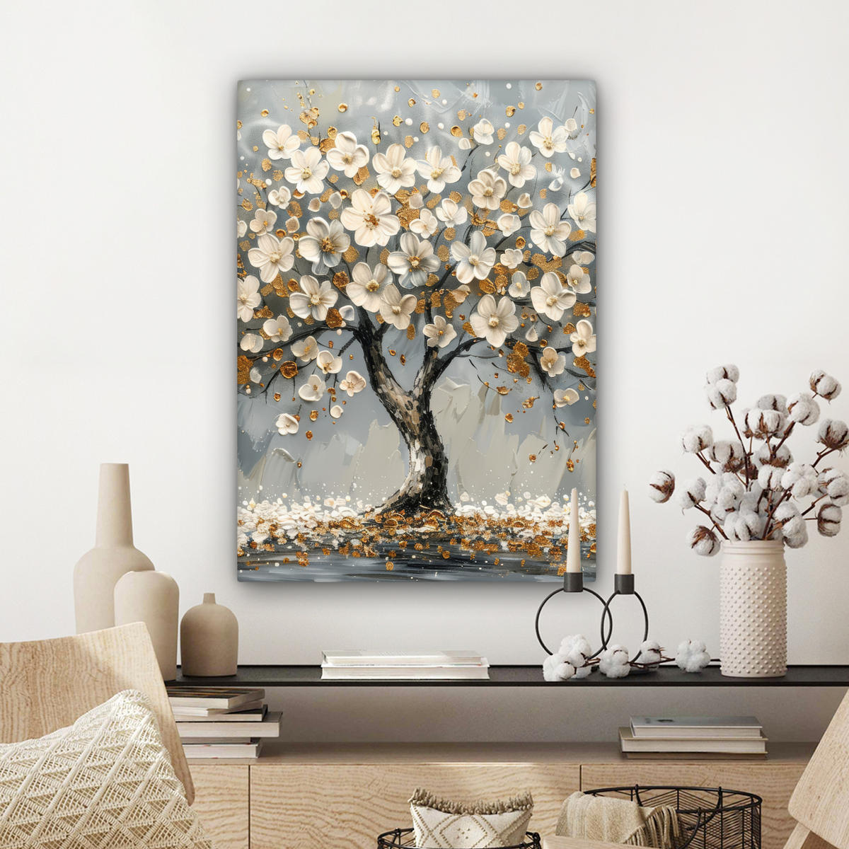 LEINWANDBILD Baum - Blumen - Weiß - Natur - Kunst Wandbild Wohnzimmer 60x80 cm - Weiß, Textil (60/80cm) - MuchoWow