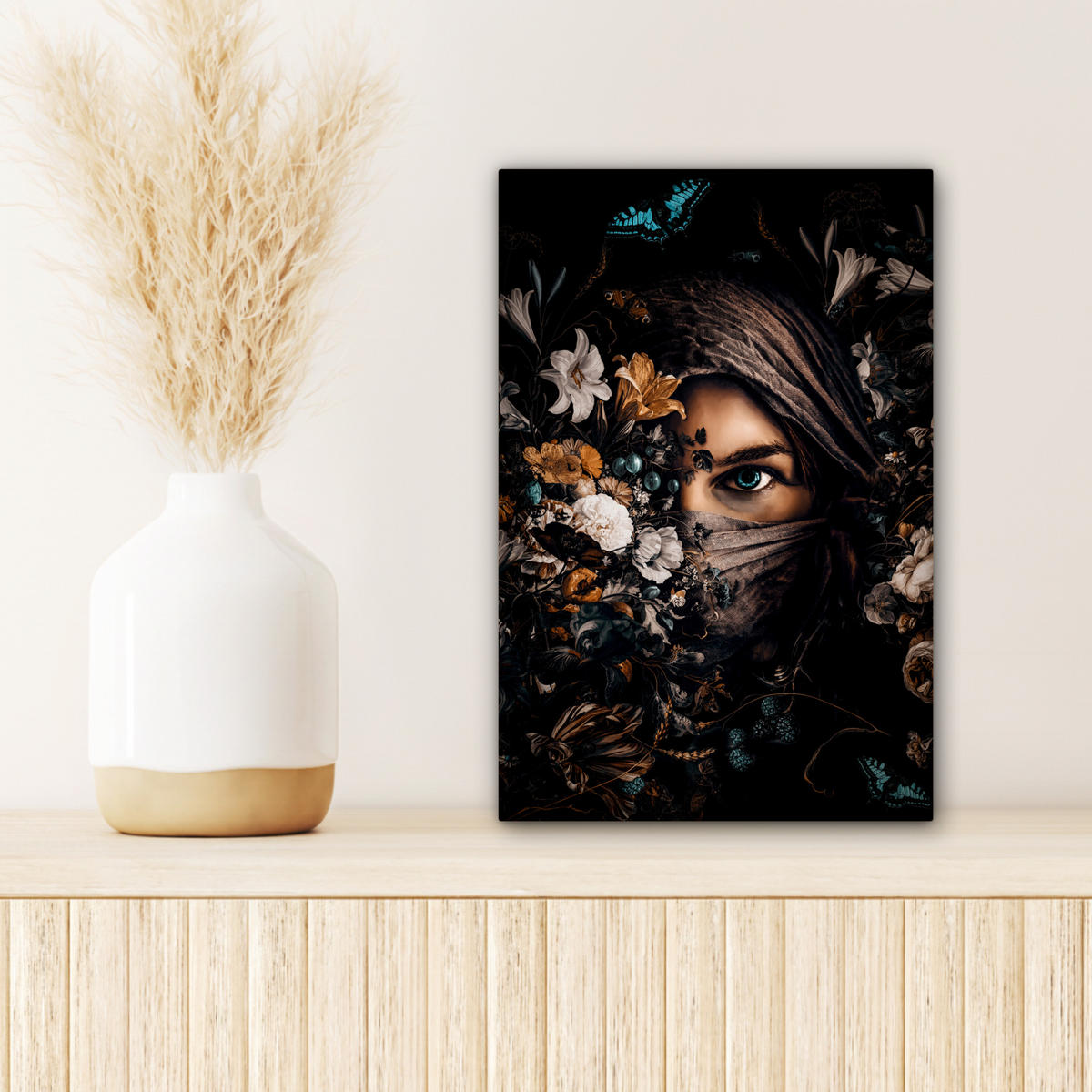 LEINWANDBILD Frau - Luxus - Blumen - Schmetterling - Porträt 20x30 cm - Schwarz, Textil (20/30cm) - MuchoWow