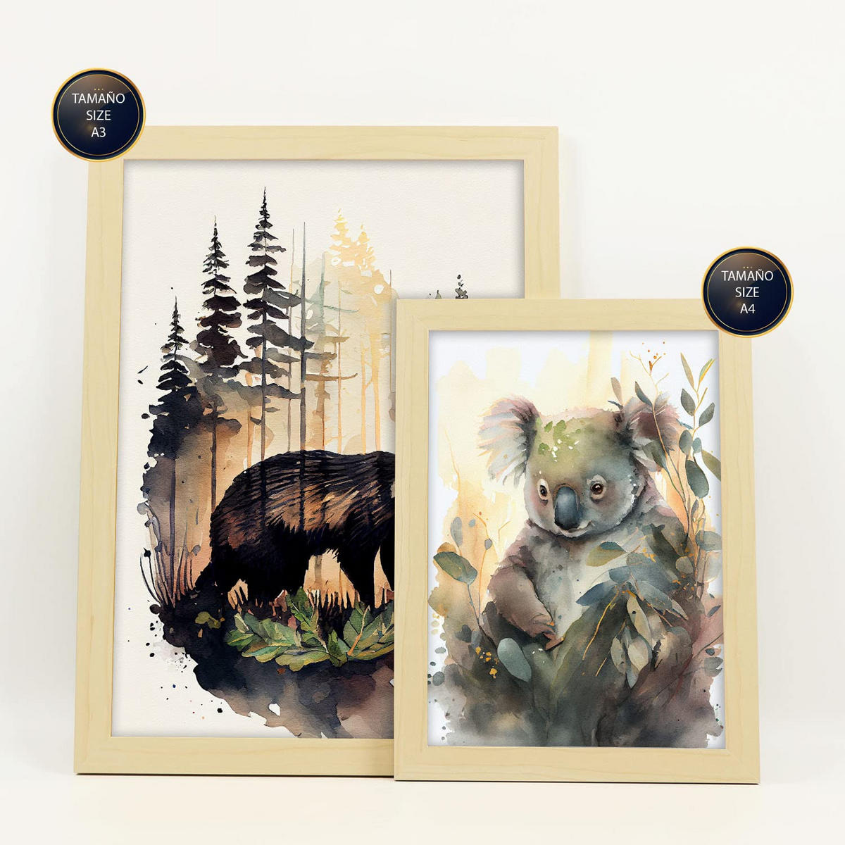 POSTER Set Mit 6 Unabhängige Kreaturen Illustrationen Von Tieren In Naturlandschaften, Realistischer Aquarellstil A3 & A4 Rahmen Aus Hellem Holz - Beige, Papier (29/3cm) - Nacnic