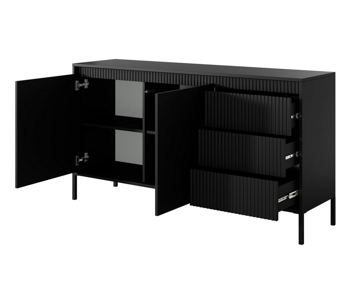 SIDEBOARD Trentinis 2T 3S Schwarz 153,5/81,4/39,5 cm – Geriffelten Fronten - Schwarz, Holzwerkstoff/Metall (153.5/81.4/39.5cm) - AX Living