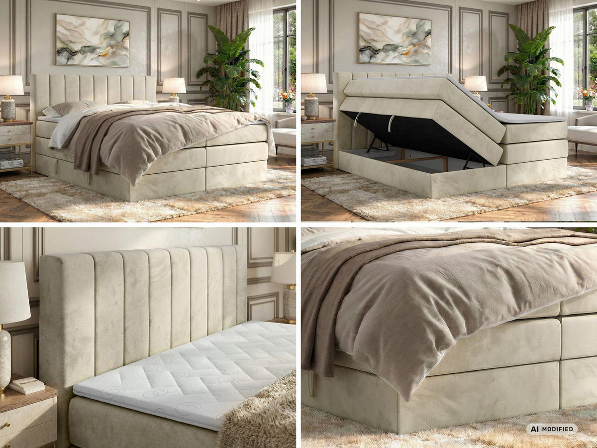 BOXSPRINGBETT ALVER KING 200/200 - Beige Velvet - Topper T25 - H3 - Beige, Textil (200/200cm) - MKS