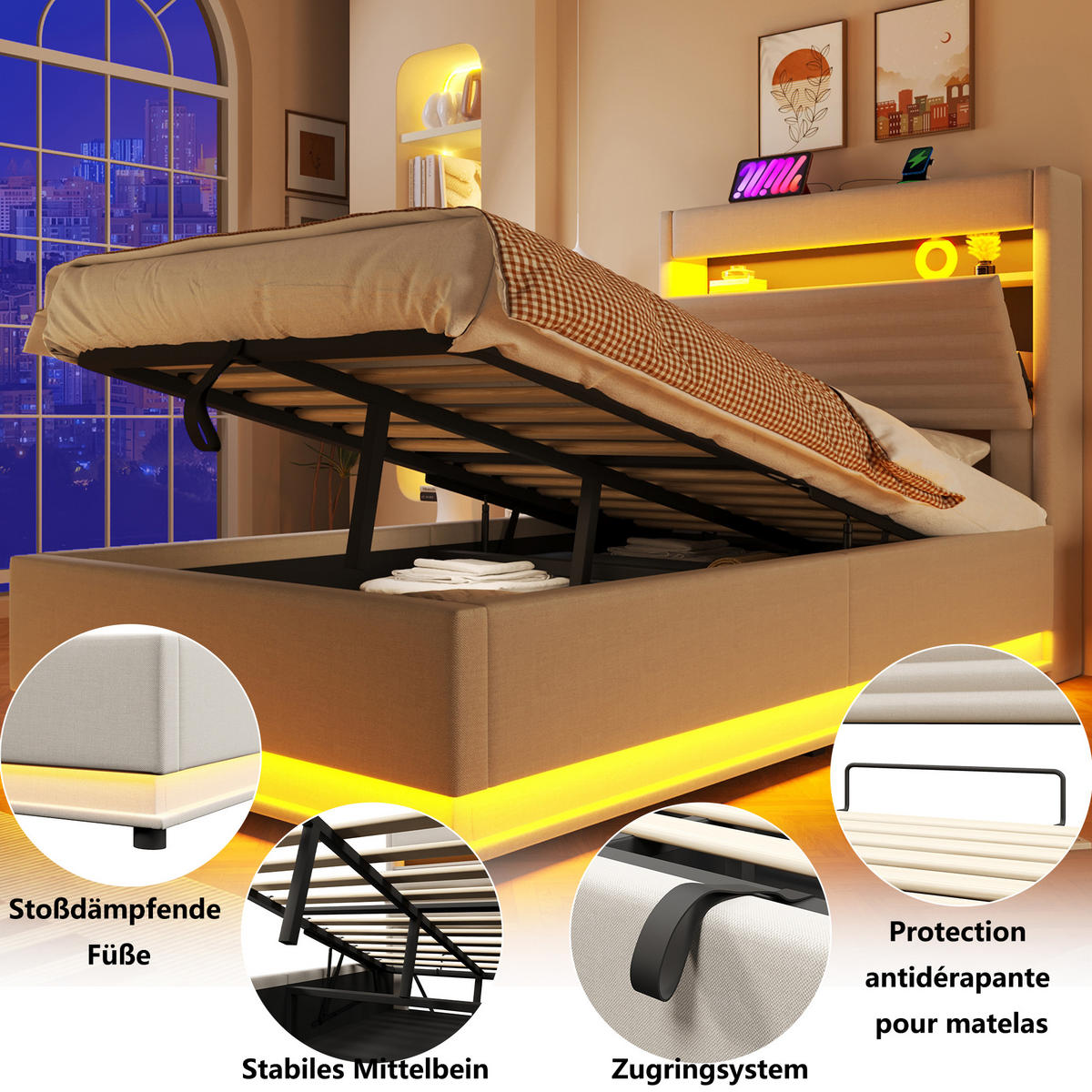 POLSTERBETT 90x200cm Hydraulik LED USB Typ C Leinen Beige - Beige, Naturmaterialien (90/200cm) - FLIEKS