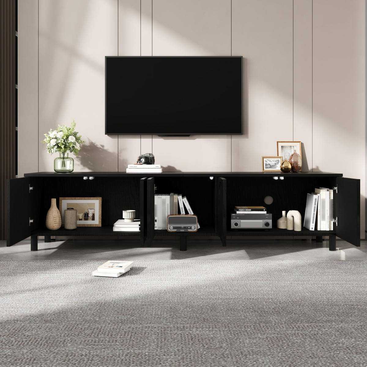 LOWBOARD in Schwarz TV-Schrank mit Metallfüße und 5 Türen, 180 L / 38 B / 45H, für Wohnzimmer - Schwarz, Holzwerkstoff/Metall (180/45/38cm) - STILVORA