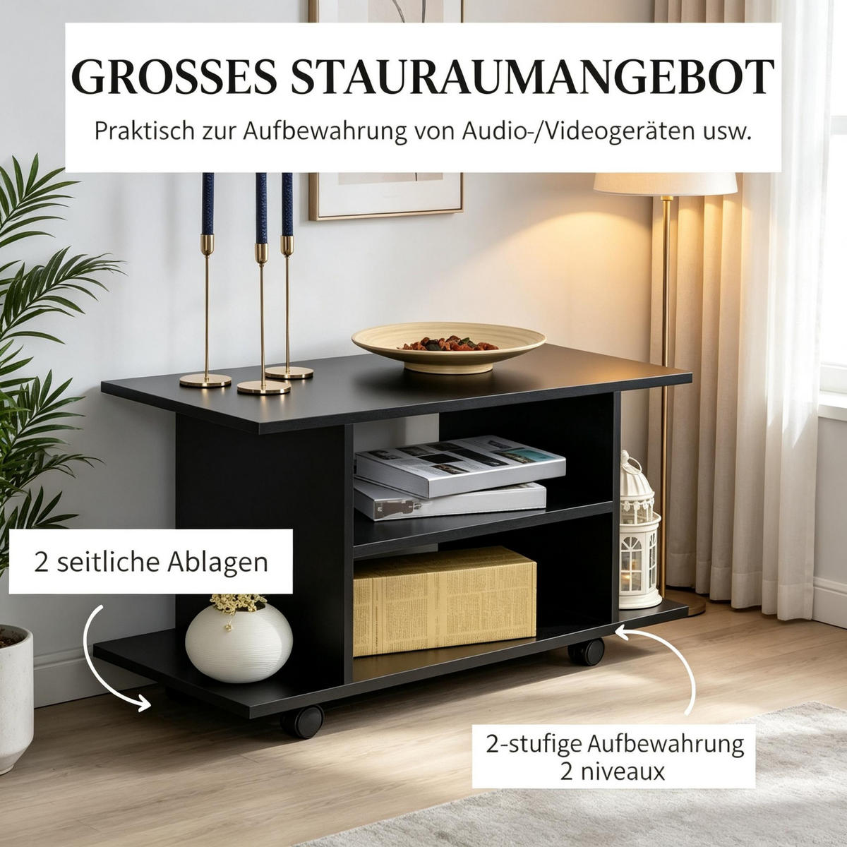 COUCHTISCH DE-40513 Auf Rollen mit zweistufigen offenen Regalen Schwarz - Schwarz, Holzwerkstoff (40/80/40cm) - ComfortXL