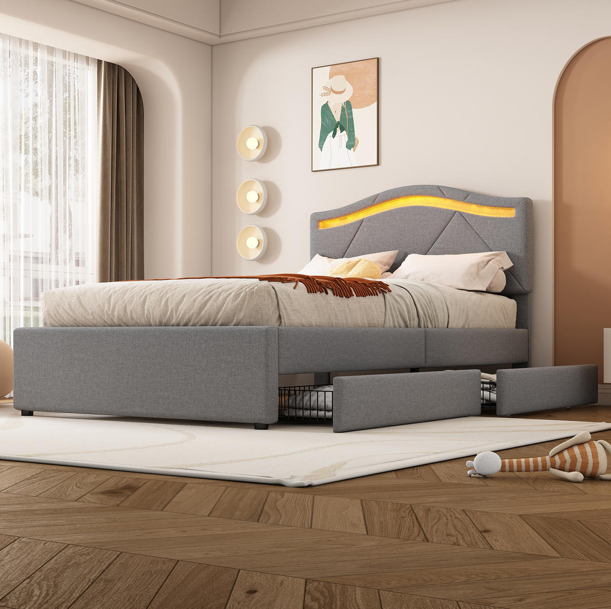 POLSTERBETT aus Leinen und MDF 90x200 cm Grau mit LED-Beleuchtung, 2 Schubladen und Lattenrost - Grau, Textil (90/200cm) - IVMEU