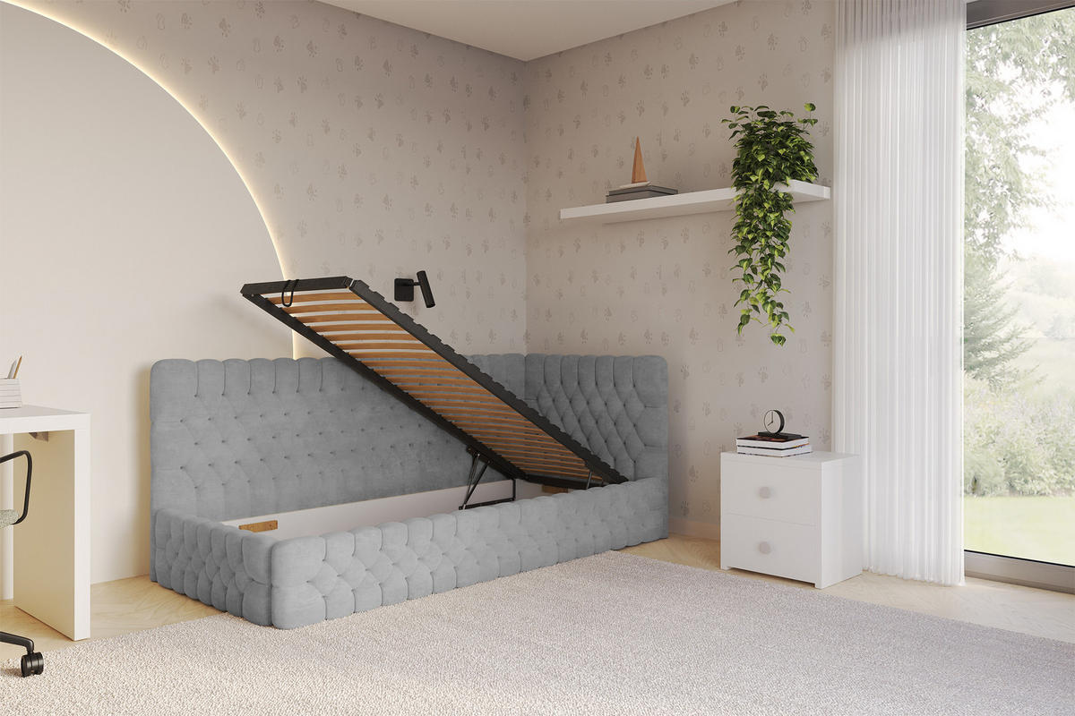 EINZELLBETT Jugendbett mit Bettkasten, Links - MULY 90x200 Grau - Hellgrau, Holzwerkstoff/Textil (90/200cm) - ALTDECOR