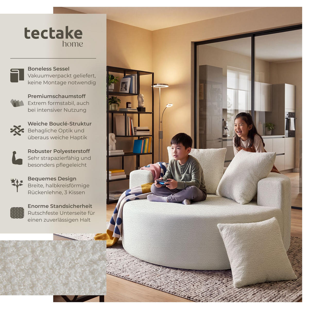 RELAXSESSEL Love, Ø 127 x 60 cm, mit 3 Kissen, Bouclé creme - Creme, Kunststoff/Textil (127/60/127cm) - tectake