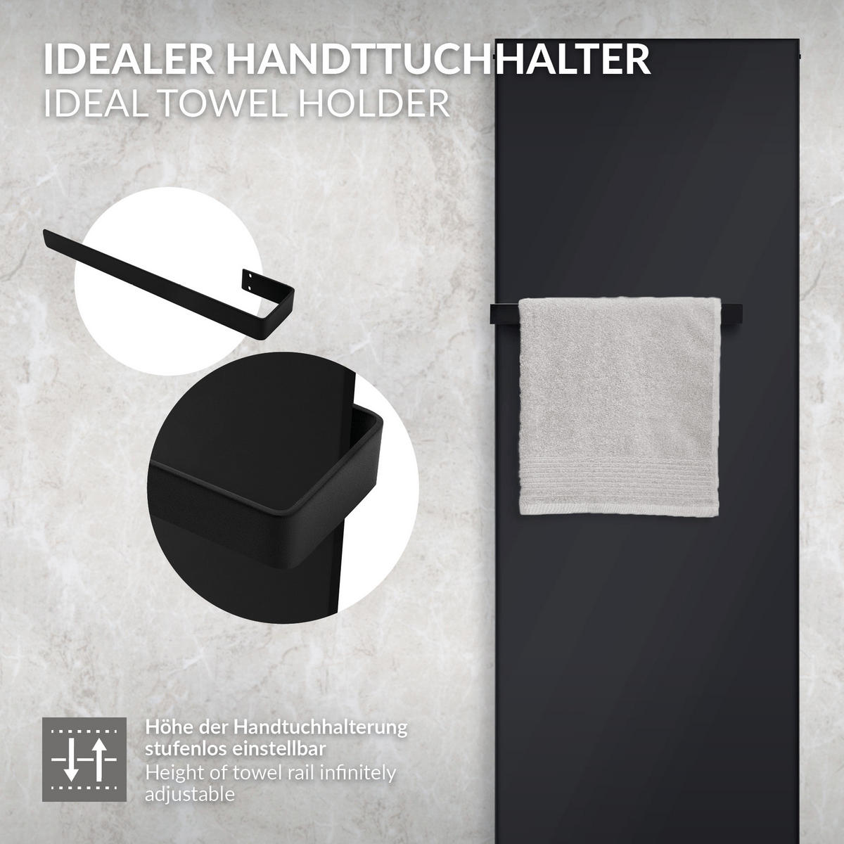 HANDTUCHHALTER 50 cm aus Stahl Schwarz Wandmontage für Bad & Küche - Schwarz, Metall (10/4/50cm) - LuxeBath