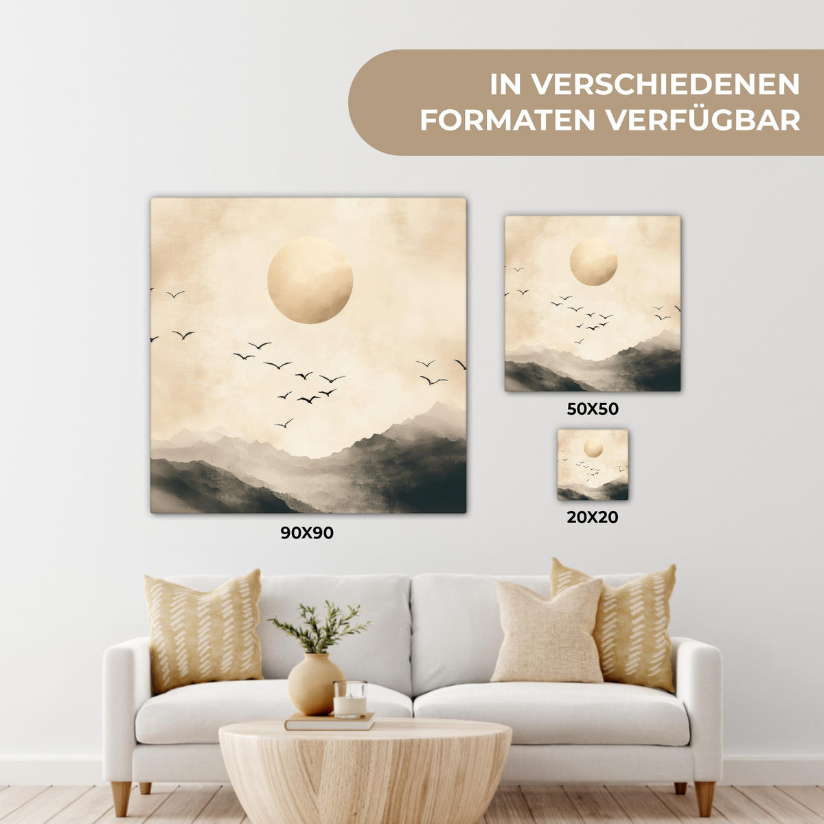 LEINWANDBILD Landschaft - Japandi - Vogel 50x50 cm - Beige, Textil (50/50cm) - MuchoWow