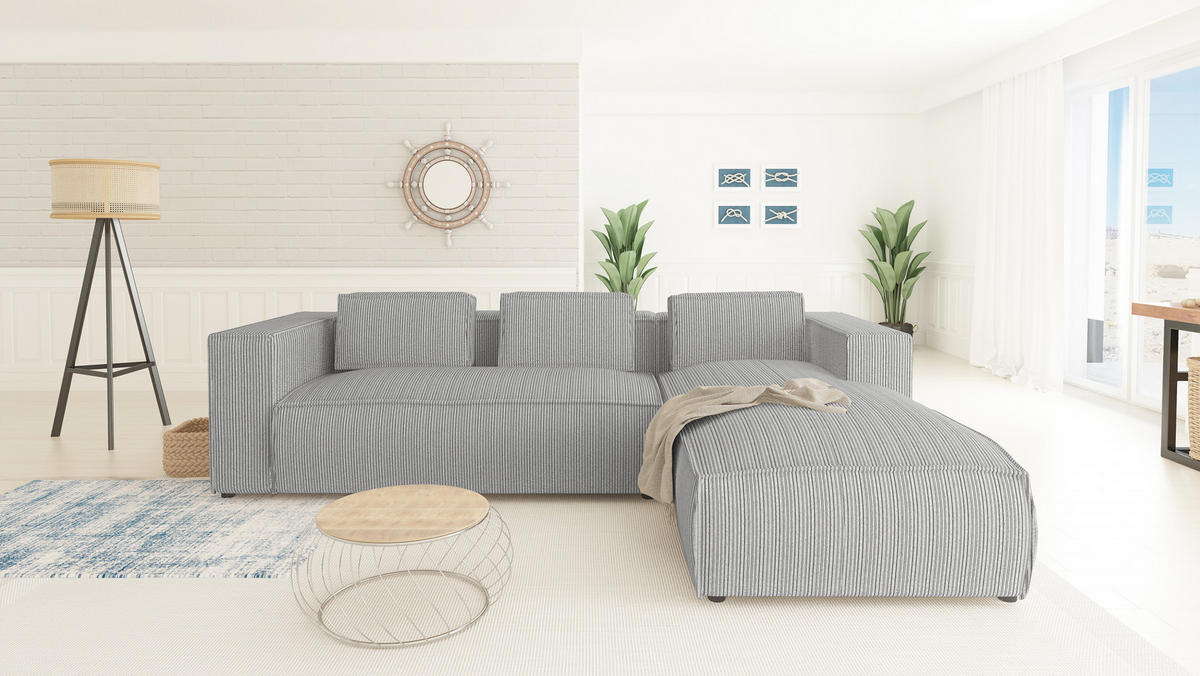 ECKSOFA Nova Hellgrau Cord, Ottomane rechts - Hellgrau/Schwarz, Holz/Kunststoff (262/176cm) - S-Style Möbel
