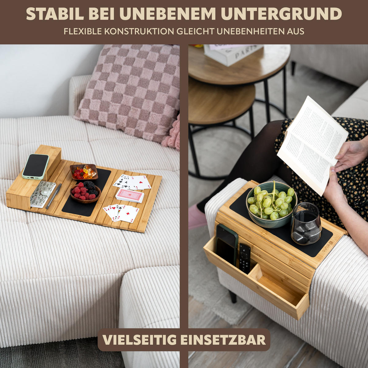 ARMLEHNEN-SOFATABLETT mit seitlichen Fächern, rutschfeste Silikonablage, Bambus - Naturfarben, Naturmaterialien (47/6/34cm) - eluno