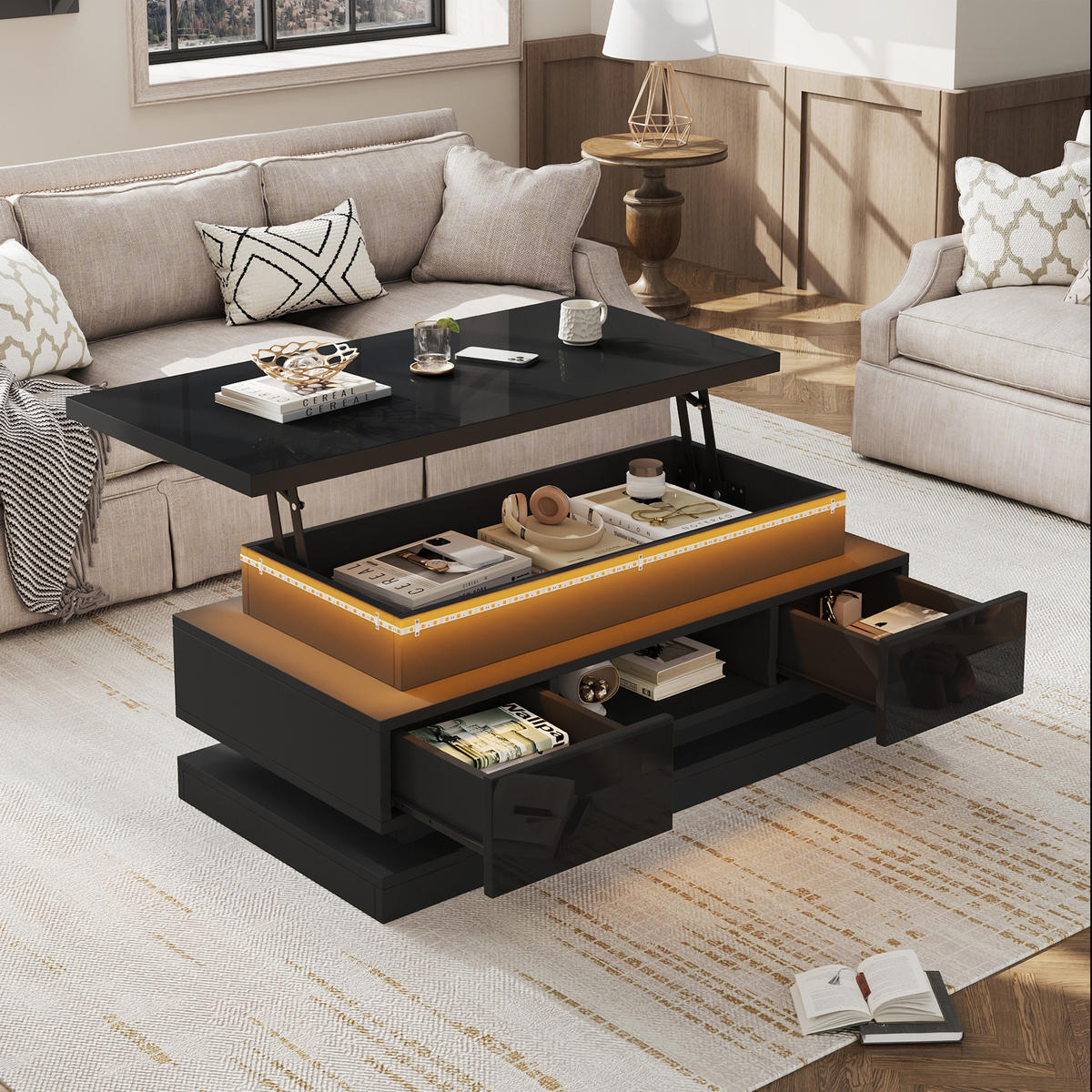 COUCHTISCH anhebbar Schwarz 2 Schubladen LED 100x50x40cm - Schwarz, Holzwerkstoff (100/50/40cm) - FLIEKS