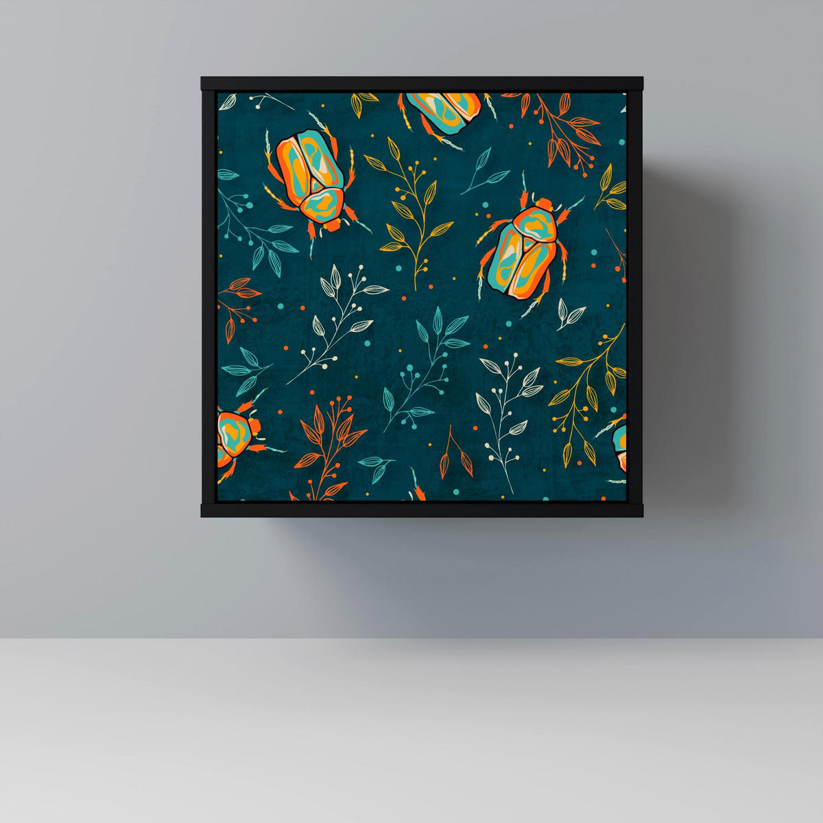 SIDEBOARD AUTUMN INSECTS, Schwarz, 57,5x42x70,5 cm, Schwarze Metall-Sternfüße - Multicolor/Schwarz, Holzwerkstoff/Metall (57.5/70.5/42cm) - SpaceRebels