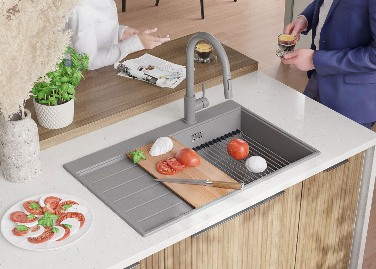 SPÜLBECKEN Sydney, 2-er set Grau 78/50 cm 1 Becken + Ablauf-Set + Küchenzubehörset ab 50er Unterschrank - Chromfarben/Beige, Kunststoff (78/20/50cm) - Primagran