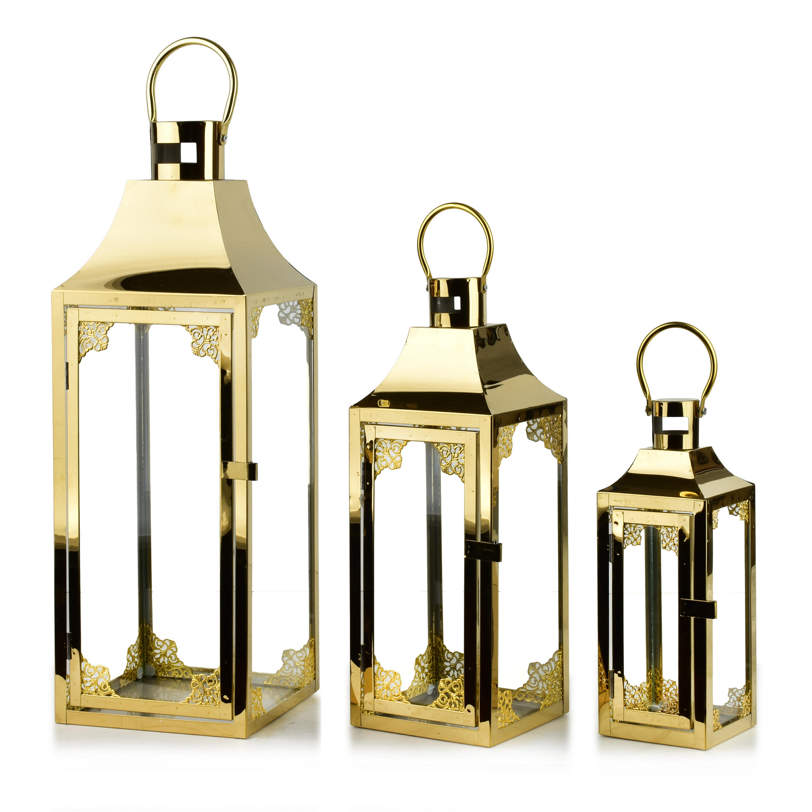 LATERNE Levi 3er Set Gold 18/18/53.5 cm Metall - Goldfarben, Metall (18/53.5/18cm) - Mondex