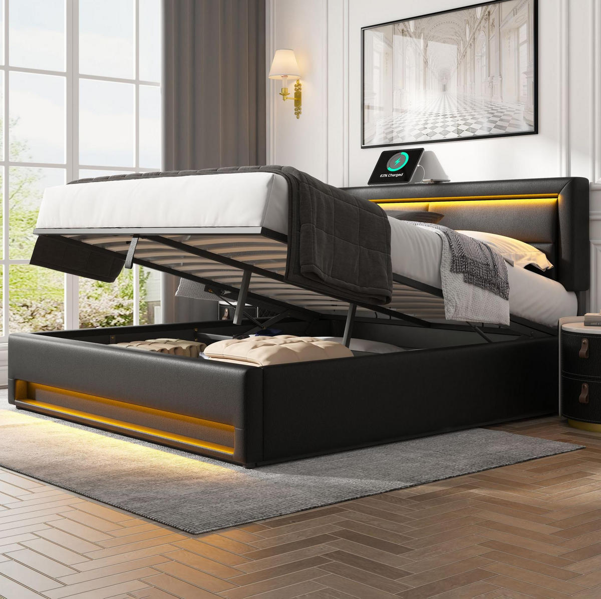 POLSTERBETT mit Stauraum 140x200 cm PU Black - Schwarz, Metall (140/200cm) - Meubliv