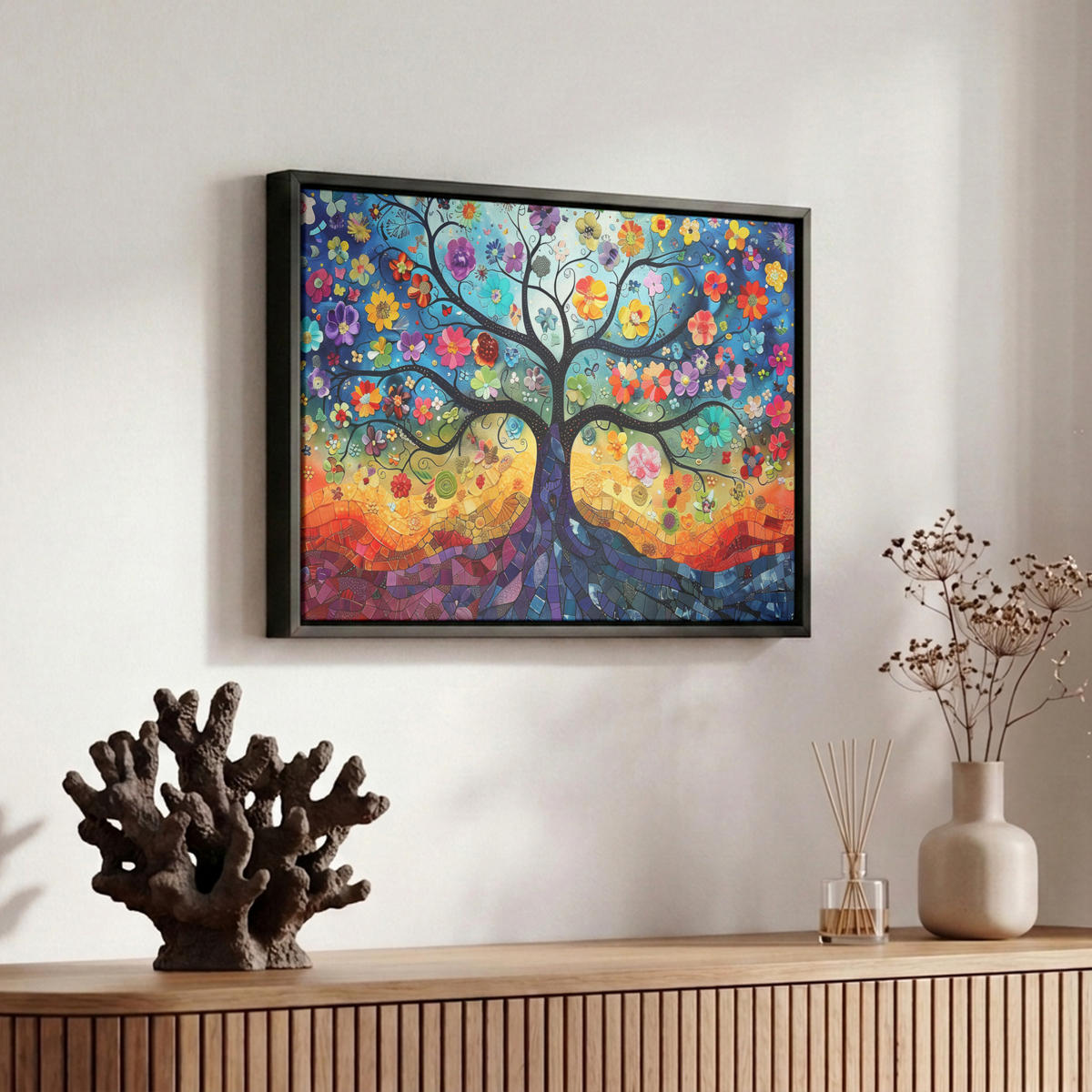 LEINWAND Bilder mit Rahmen - Kunst - Baum des Lebens - Blumen - Hippie - 30x20 - Dunkelblau, Textil (30/20cm) - MuchoWow
