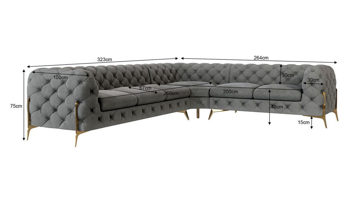 ECKSOFA Chesterfield Lexi Grau Samt, langer Schenkel links - Goldfarben/Grau, Holz/Textil (323/264cm) - S-Style Möbel