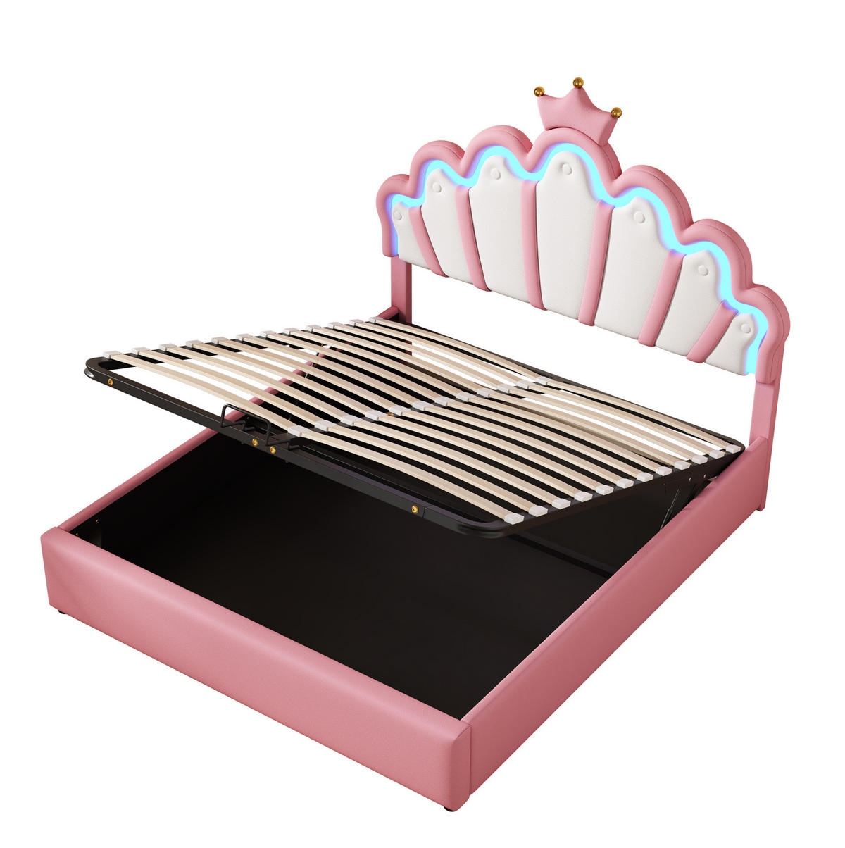 POLSTERBETT aus PU-Kunstleder 140x200 cm Rosa mit LED-Beleuchtung, hydraulischem Bettkasten und Kronen-Kopfteil - Rosa, Kunststoff (140/200cm) - Modfu