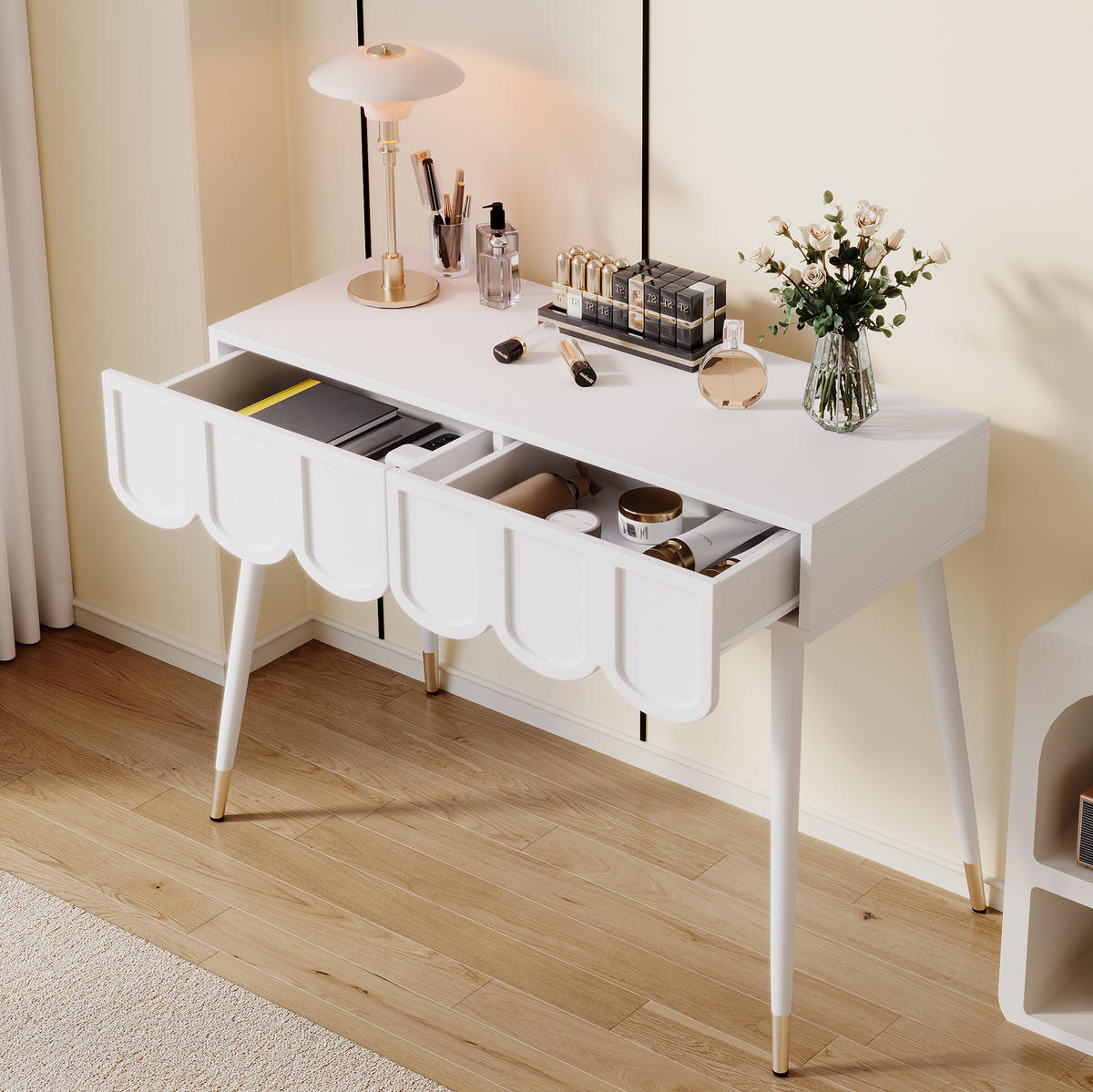 SCHMINKTISCH aus MDF und Spanplatte 100x40x76 cm Weiß mit 2 Schubladen und Metallfüßen, auch als Schreibtisch nutzbar - Weiß, Holzwerkstoff (100/76/40cm) - Modfu