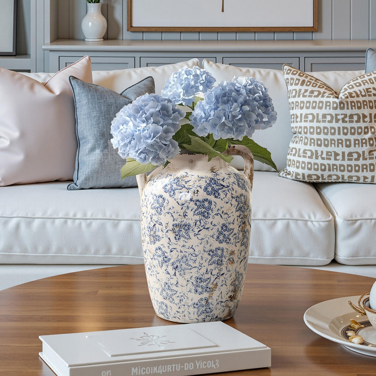 VASE Vintage, Keramik Weiß | Handbemalt, Doppelhenkel, Ø19 x H29 cm - Weiß, Keramik (29cm) - Hometopia