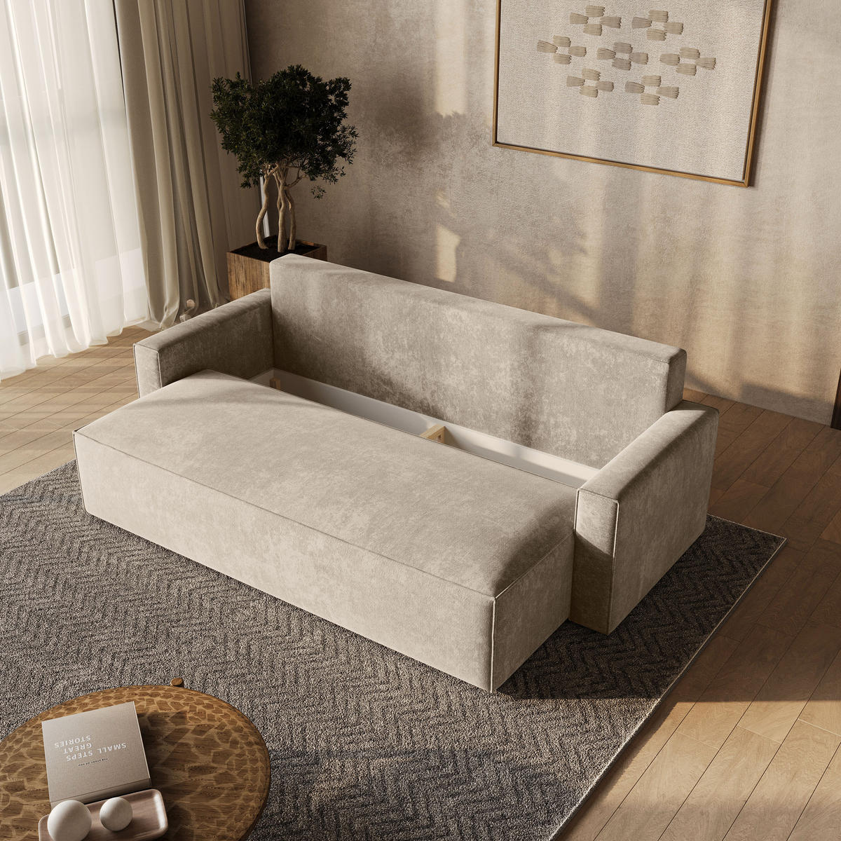 BETTSOFA MENI LM Creme Chenille-Stoff mit Schlaffunktion - Creme, Textil (232/85/87cm) - MASSENO