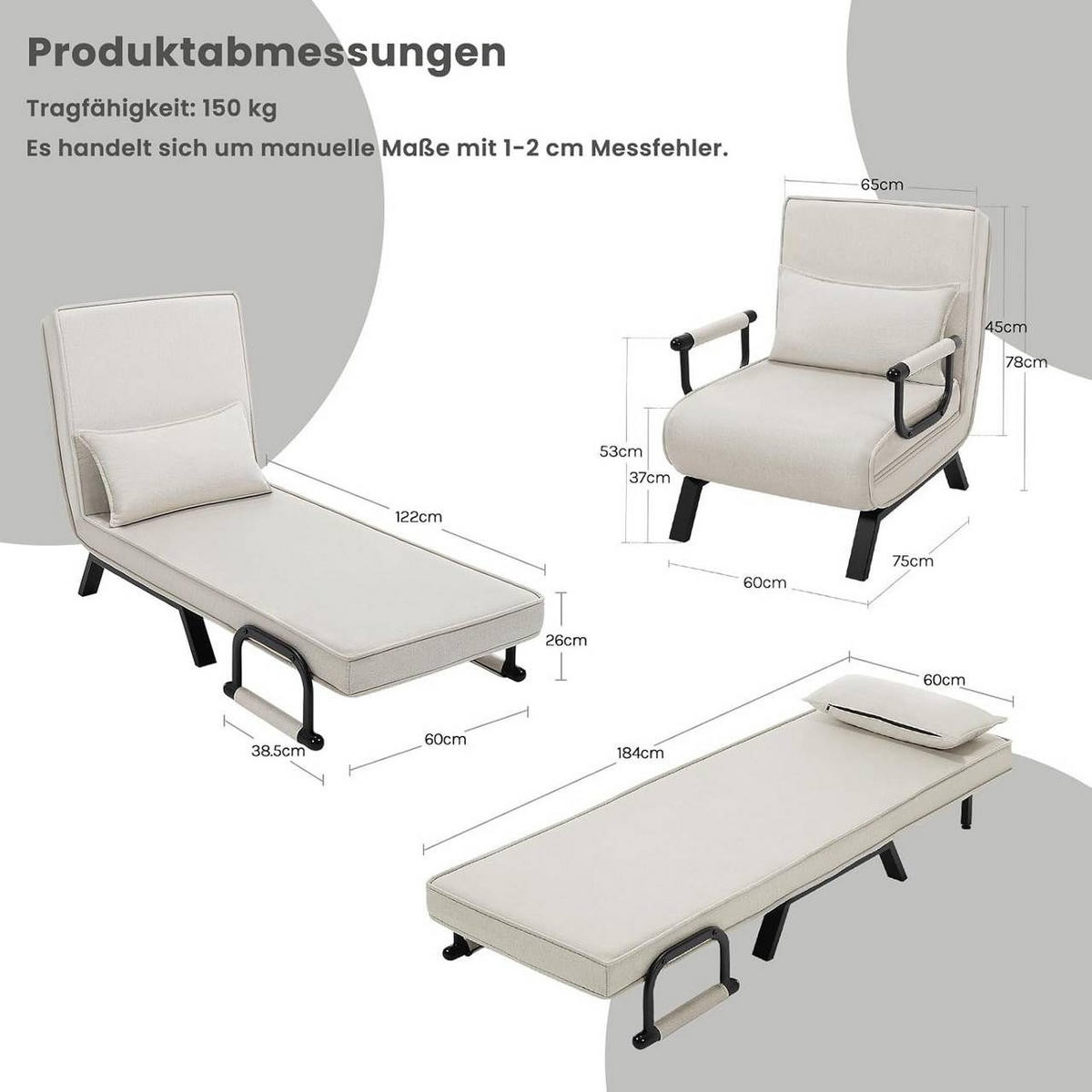 SCHLAFSESSEL 3 in 1, mit Verstellbarer Rückenlehne, Leinen Beige - Beige/Schwarz, Textil/Metall (65/78/75cm) - Woltu