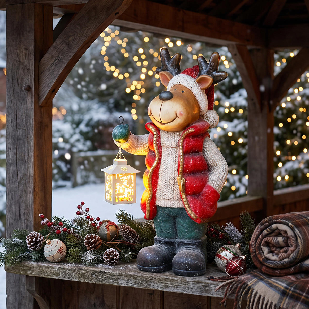 WEIHNACHTSDEKO Figur 52 cm Rentier mit Laterne Weihnachtsfigur mit LED-Licht - Rot, Metall (19.5/52/25.5cm) - HOMCOM